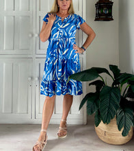 Load image into Gallery viewer, Greek Flutter Sleeve Dress in Blue &amp; Cream Watercolour