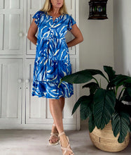 Load image into Gallery viewer, Greek Flutter Sleeve Dress in Blue &amp; Cream Watercolour