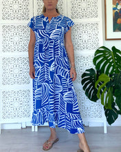 Load image into Gallery viewer, Greek Maxi Flutter Dress in Bright Blue and White