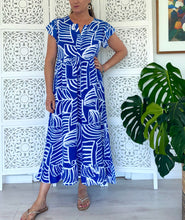 Load image into Gallery viewer, Greek Maxi Flutter Dress in Bright Blue and White