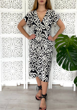 Load image into Gallery viewer, Kimono Midi dress in Black &amp; White Ikat