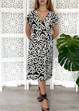 Load image into Gallery viewer, Kimono Midi dress in Black &amp; White Ikat