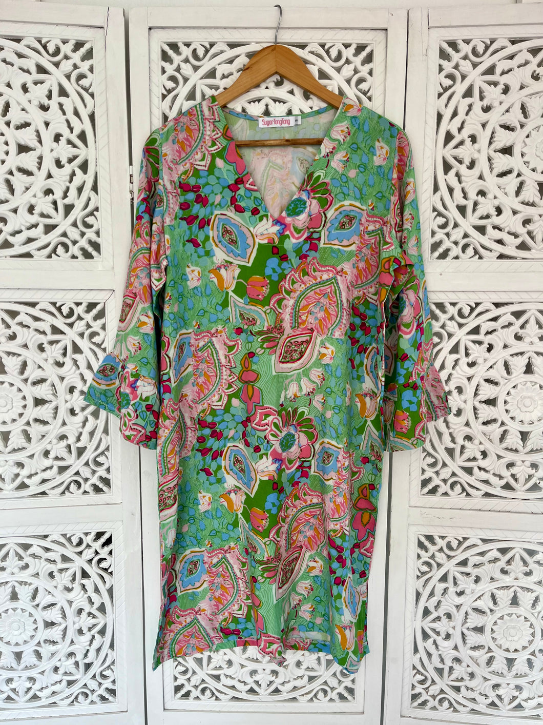 Tunis Tunic w Frilly Sleeve in Minty India Print