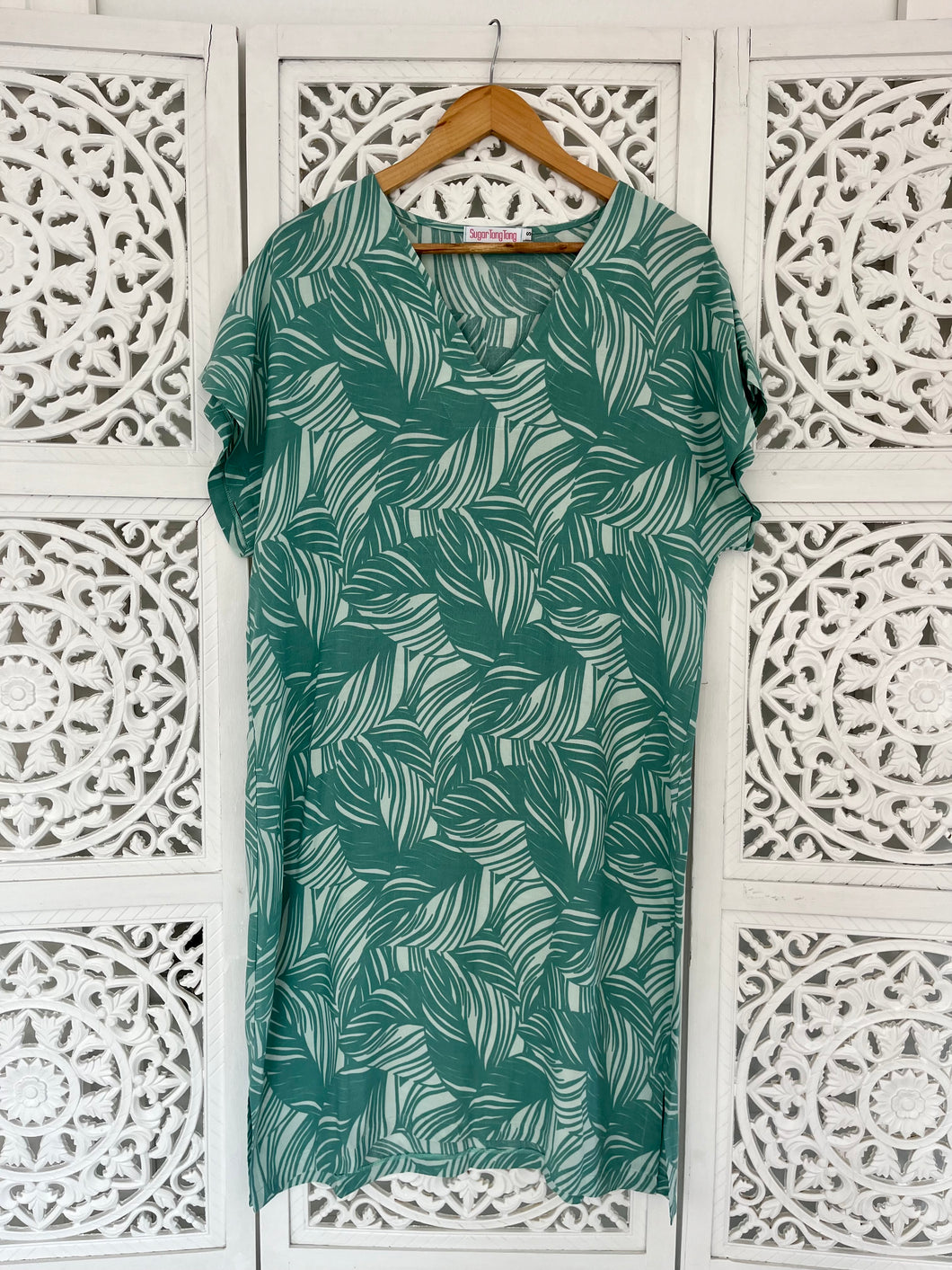 Emmie Dress in Teal Palm Leaf