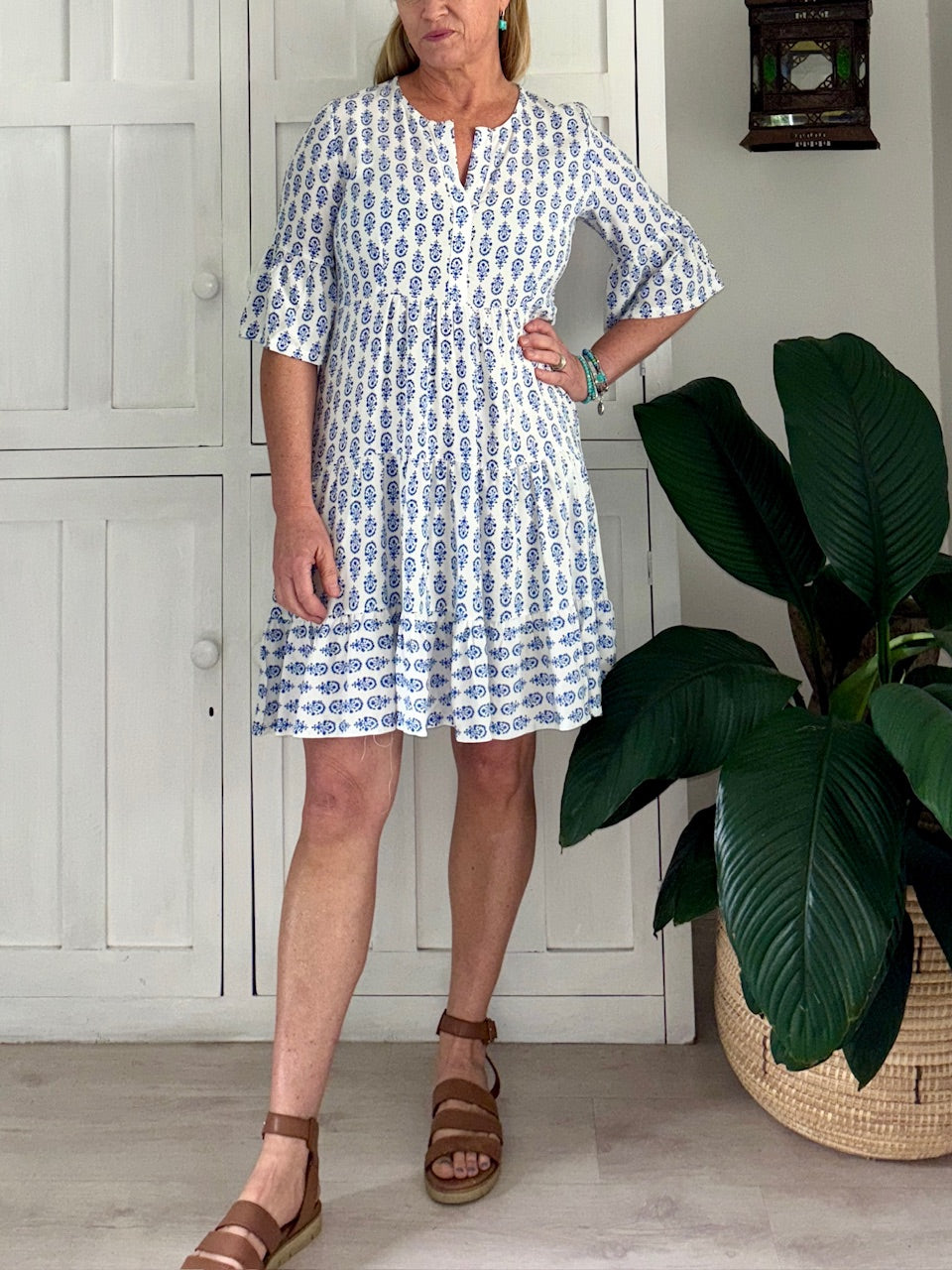 Original Greek Dress in White & Sky Blue