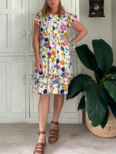 Load image into Gallery viewer, Greek Flutter Sleeve Dress in Colourful Floral and White