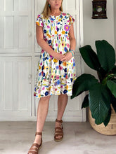 Load image into Gallery viewer, Greek Flutter Sleeve Dress in Colourful Floral and White