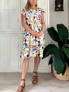 Greek Flutter Sleeve Dress in Colourful Floral and White