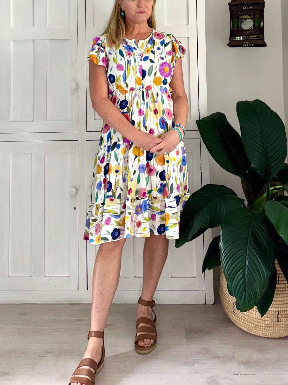 Greek Flutter Sleeve Dress in Colourful Floral and White
