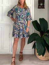 Load image into Gallery viewer, Original Greek Dress with Autumn Sleeve in Greeny Blue Abstract
