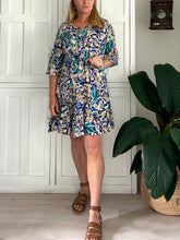 Load image into Gallery viewer, Original Greek Dress with Autumn Sleeve in Greeny Blue Abstract