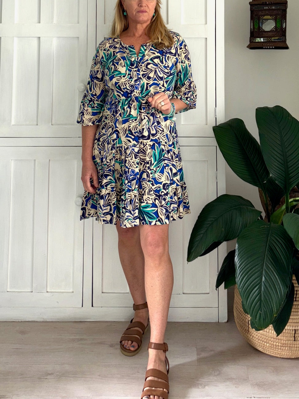 Original Greek Dress with Autumn Sleeve in Greeny Blue Abstract
