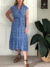 Load image into Gallery viewer, Mandarin Wrap Dress in Sky Blue &amp; White