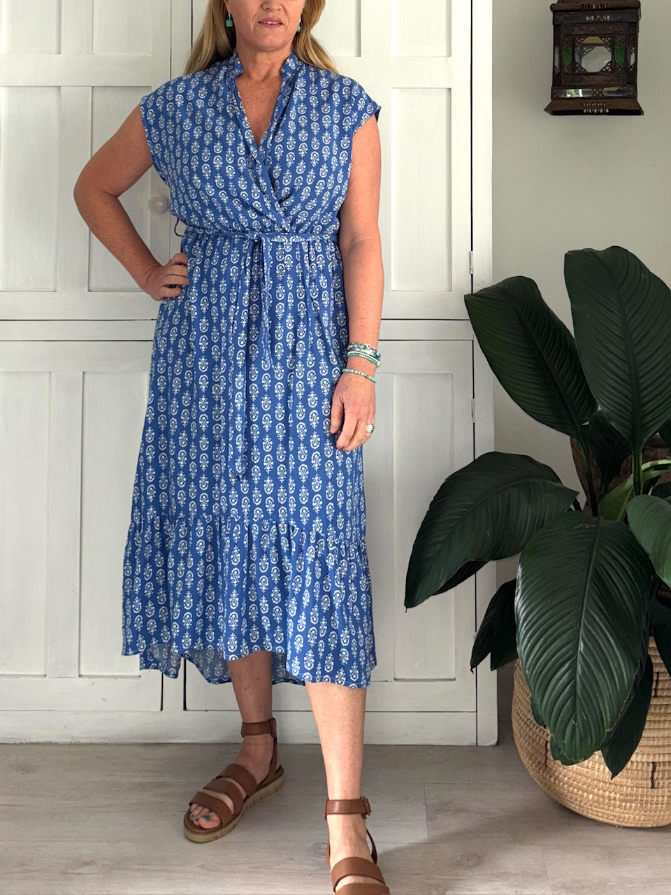 Mandarin Wrap Dress in Sky Blue & White