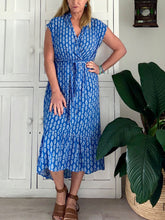 Load image into Gallery viewer, Mandarin Wrap Dress in Sky Blue &amp; White