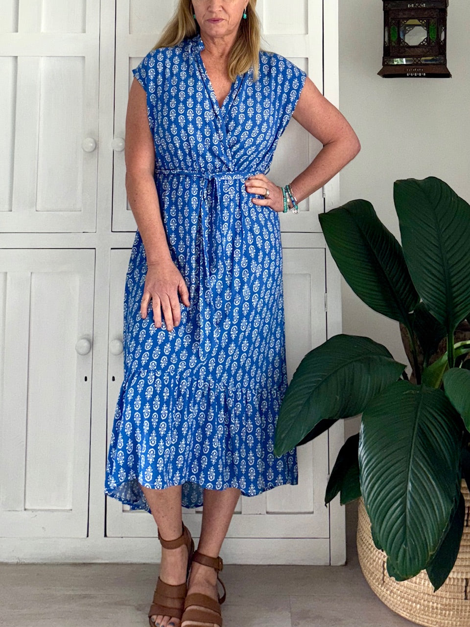 Mandarin Wrap Dress in Sky Blue & White