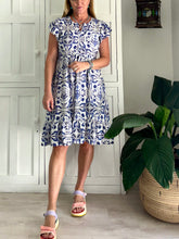 Load image into Gallery viewer, Greek Flutter Sleeve Dress in Blue &amp; White Porcelain