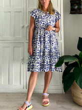 Load image into Gallery viewer, Greek Flutter Sleeve Dress in Blue &amp; White Porcelain