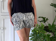 Load image into Gallery viewer, SALE Original Stretch Shorts in Black &amp; Cream Paisley