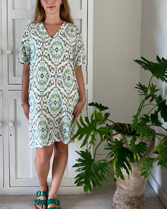 Tunis Classic Short Sleeve Dress in Pastel Ikat
