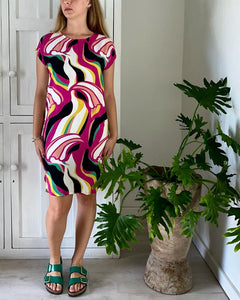 Shift Dress Longer in Pink, Yellow & Black Abstract