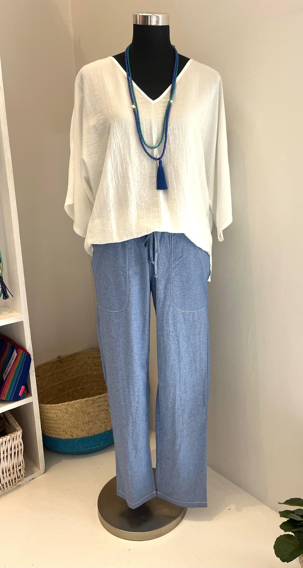 Reunion Pants in Light Blue Cotton Chambray