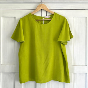 Round Neck Flutter Sleeve in Chartreuse