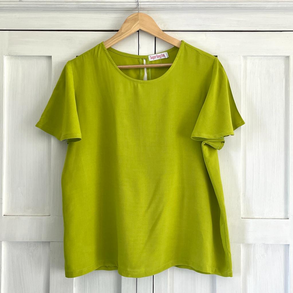 SALE - Round Neck Flutter Sleeve in Chartreuse